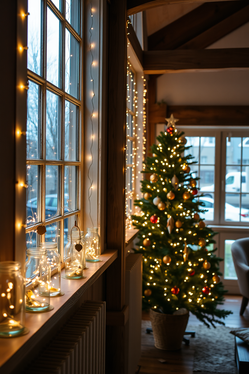 A cozy loft adorned for Christmas, featuring twinkling fairy lights nestled inside glass jars that line the window sills. The space is filled with rustic wooden accents, and a large evergreen tree stands in the corner, decorated with warm white lights and handmade ornaments.