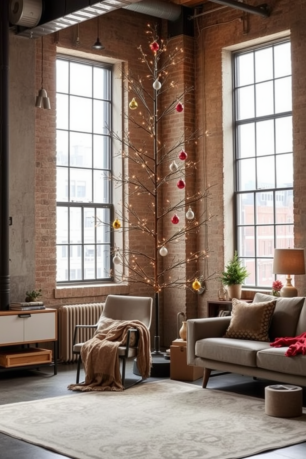 A striking industrial metal tree stands tall in the corner of a spacious loft, adorned with twinkling fairy lights that cast a warm glow throughout the room. Surrounding the tree, minimalist furniture in neutral tones complements the urban aesthetic, while festive decorations in rich colors add a cheerful contrast. The loft is decorated with cozy textiles, including a plush throw draped over a modern chair and a soft area rug that anchors the space. Large windows allow natural light to flood in, enhancing the festive atmosphere and showcasing the unique architectural features of the industrial setting.