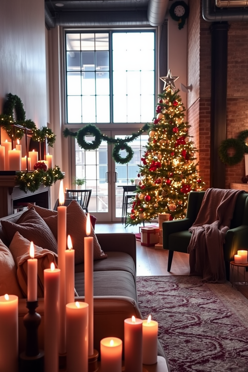 A cozy living room adorned with scented candles of various heights, casting a soft, warm glow throughout the space. The flickering flames create an inviting ambiance, complemented by plush cushions and a textured throw draped over a stylish armchair. A modern loft transformed for Christmas, featuring a beautifully decorated tree in the corner with twinkling lights and colorful ornaments. The space is accented with garlands and festive wreaths, while a soft rug underfoot adds warmth to the industrial-style flooring.