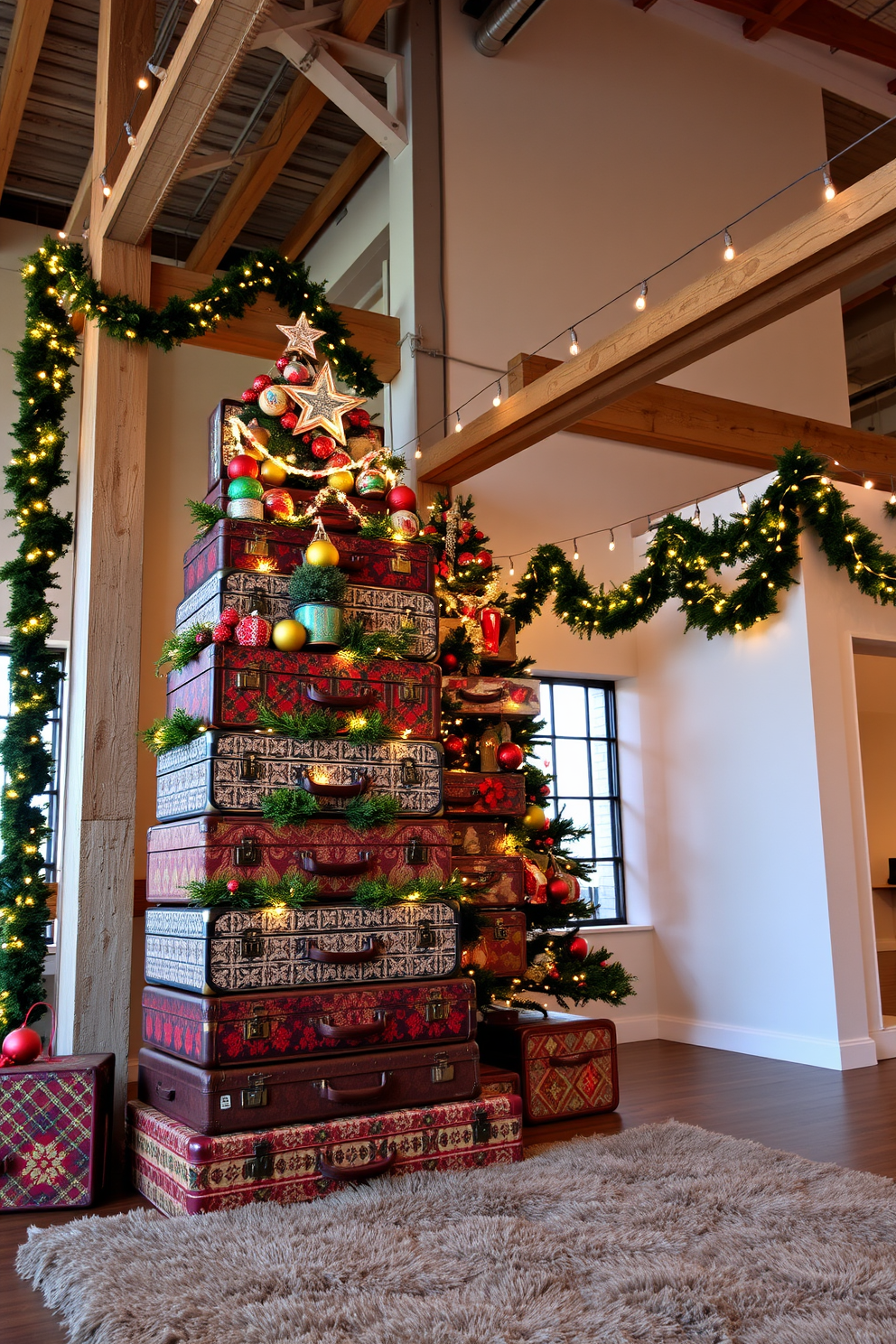 A charming display of vintage suitcases stacked on top of each other, adorned with festive decorations. Each suitcase is uniquely patterned and filled with holiday ornaments, twinkling lights, and greenery, creating a cozy and nostalgic atmosphere. A loft space transformed for Christmas, featuring a tall, decorated tree in the corner with colorful ornaments and a star on top. The open layout showcases garlands draped along the exposed beams, with warm string lights illuminating the space and a plush area rug grounding the festive decor.