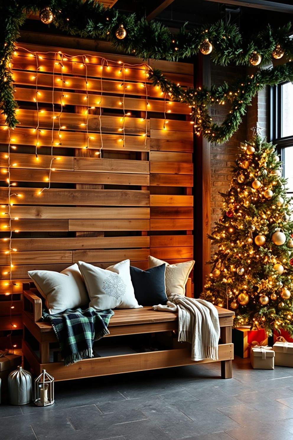 A cozy holiday photo backdrop featuring a pallet wood wall adorned with twinkling fairy lights. In front of the backdrop, a rustic wooden bench is decorated with plush pillows and festive throws, creating an inviting atmosphere. For loft Christmas decorating ideas, imagine a spacious industrial loft filled with greenery and warm lighting. A large Christmas tree, adorned with gold and silver ornaments, stands proudly in the corner, while garlands drape elegantly across exposed beams and shelves.