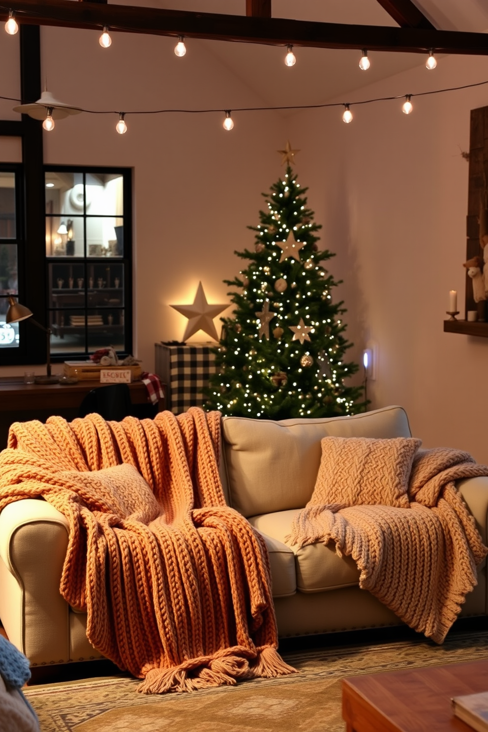 A cozy loft living space featuring a plush sofa adorned with soft, textured knit blankets in warm, inviting colors. The room is illuminated by soft string lights, creating a festive atmosphere with a beautifully decorated Christmas tree in the corner, adorned with rustic ornaments and twinkling lights.