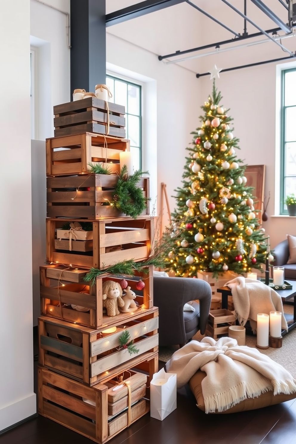 A charming gift display featuring repurposed wooden crates stacked creatively. Each crate is adorned with festive decorations, including twinkling fairy lights and seasonal greenery, enhancing the rustic appeal. A stylish loft space transformed for Christmas with a cozy, minimalist aesthetic. The decor includes a towering Christmas tree adorned with simple ornaments, and the space is accented with warm blankets and candles to create an inviting atmosphere.