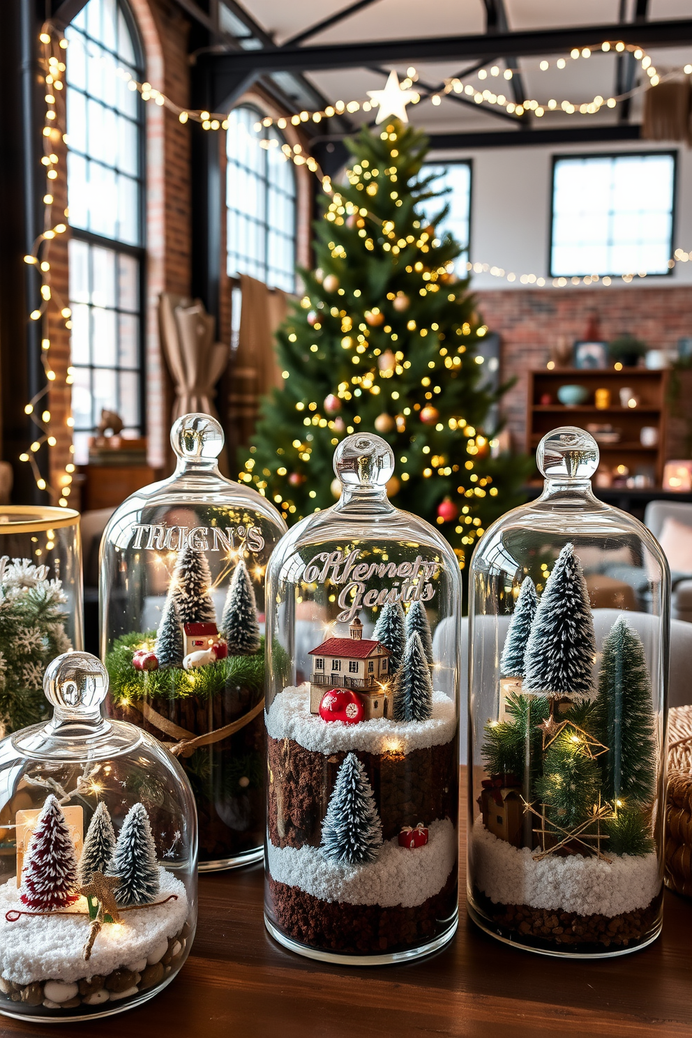 A collection of glass terrariums filled with miniature holiday scenes. Each terrarium features festive accents like tiny ornaments, faux snow, and delicate string lights, creating a magical winter wonderland effect. A stylish loft decorated for Christmas, showcasing a blend of modern and rustic elements. The space is adorned with a large evergreen tree, twinkling fairy lights, and cozy textiles that invite warmth and cheer into the industrial setting.