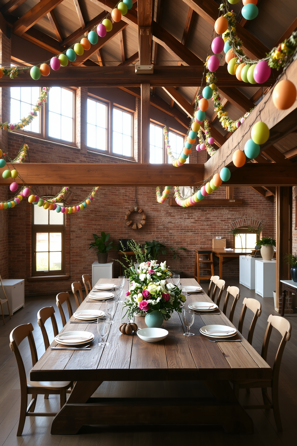 A vibrant loft space adorned with colorful egg garlands draped across exposed wooden beams. The beams are accentuated by the playful hues of the garlands, creating a festive and whimsical atmosphere perfect for Easter celebrations. In the center of the loft, a large rustic wooden dining table is set with pastel-colored tableware and floral arrangements. Soft natural light filters through large windows, illuminating the cheerful decorations and enhancing the cozy, inviting ambiance of the space.