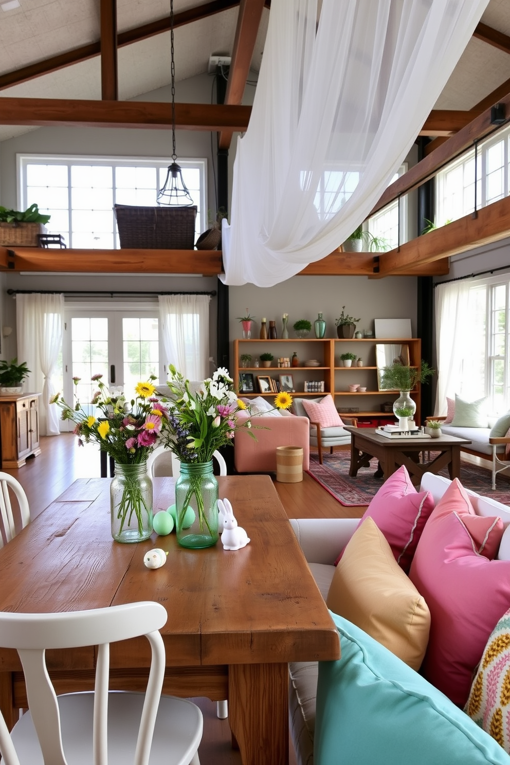 A charming dining room with floral arrangements in mason jar vases. The mason jars, filled with a variety of fresh wildflowers, are placed along the center of a rustic wooden table. Surrounding the table are mismatched vintage chairs, each painted in soft pastel hues. The room is illuminated by natural light streaming through large windows, with sheer white curtains gently swaying. A cozy loft decorated for Easter with a blend of modern and rustic elements. The open space features a mix of contemporary furniture and reclaimed wood accents, adorned with pastel-colored Easter eggs and bunny figurines. A large wooden table is set with a centerpiece of mason jar vases holding spring flowers and greenery. Soft, colorful throw pillows and blankets add warmth to the seating area, creating an inviting atmosphere for the holiday.