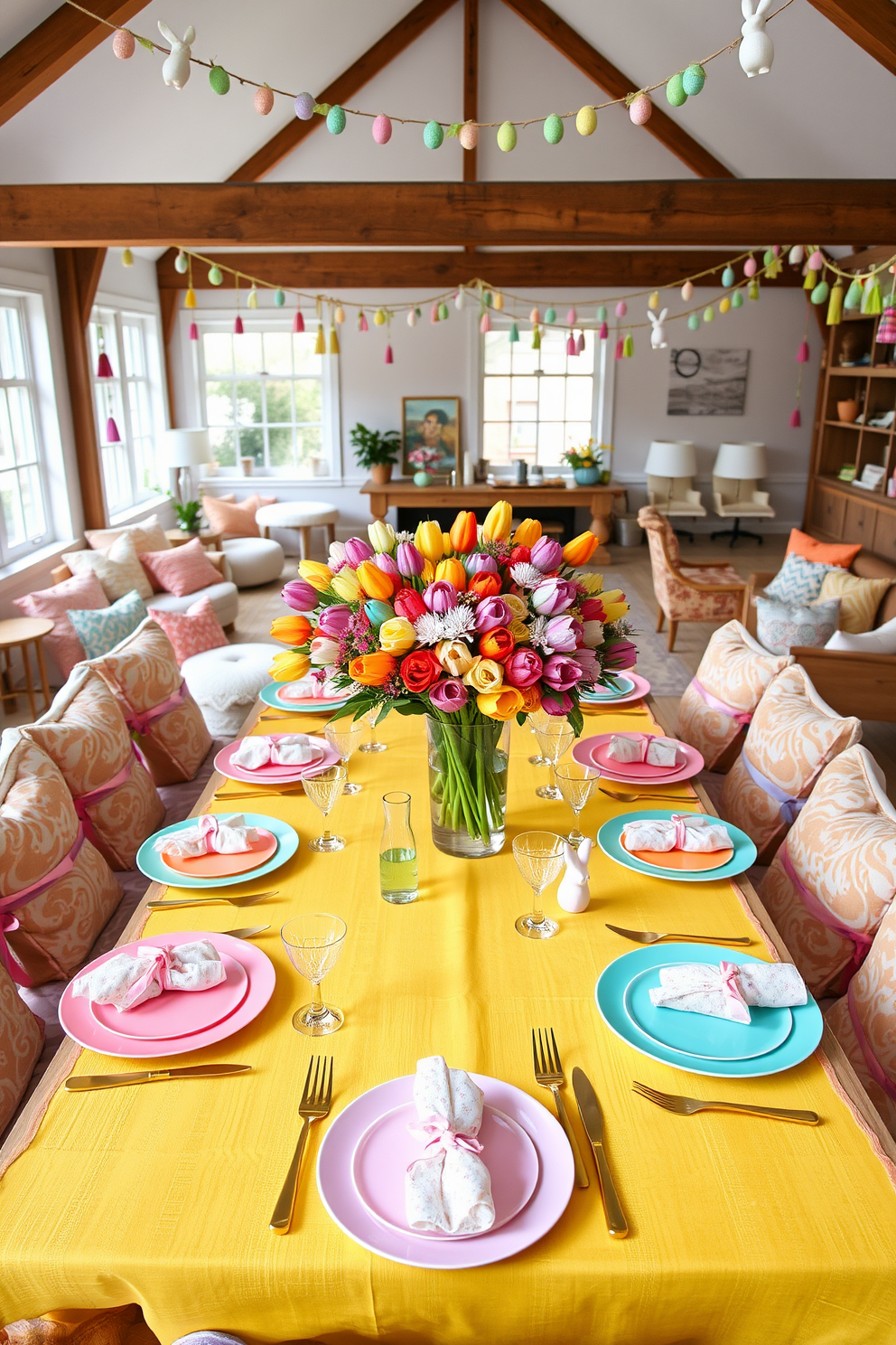 Brightly colored table settings for brunch. The table is adorned with a vibrant yellow tablecloth, and each setting features a mix of colorful plates, including pink, turquoise, and orange. In the center, a large bouquet of fresh flowers in a rainbow of colors sits in a glass vase, surrounded by smaller vases with single blooms. The cutlery is gold, complementing the bright hues, and each place setting includes a pastel-colored napkin tied with a ribbon. The chairs are covered with cushions in various bright patterns, and the overall look is cheerful and inviting. Loft Easter decorating ideas. The loft space features an open-plan design with high ceilings and large windows, allowing plenty of natural light. A long wooden dining table is set with pastel-colored plates and bunny-shaped napkin rings, with a centerpiece of fresh tulips in a variety of colors. Around the room, there are Easter-themed decorations, including garlands of pastel eggs and paper bunnies hanging from the beams. Cozy seating areas are adorned with soft, pastel-colored cushions and throws, creating a warm and festive atmosphere.