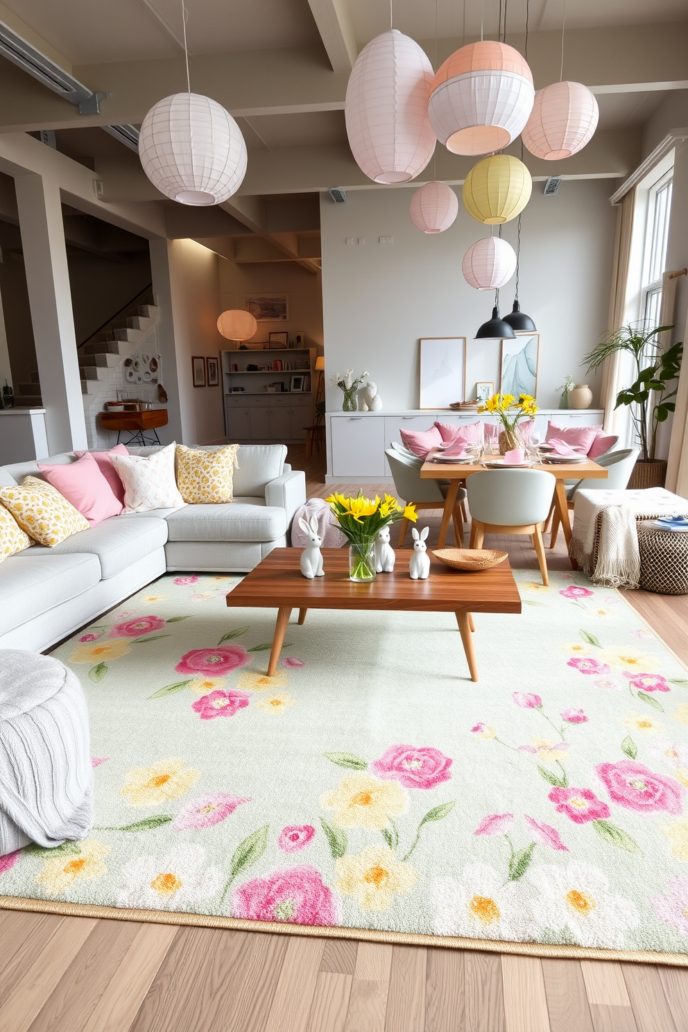 A cozy living room with layered rugs in vibrant spring colors. The base rug is a soft pastel green, topped with a smaller rug featuring a floral pattern in shades of pink, yellow, and white. The room features a light gray sofa adorned with colorful throw pillows in coordinating spring hues. A wooden coffee table sits in the center, decorated with a vase of fresh tulips, bringing a touch of nature indoors. A stylish loft decorated for Easter with a modern touch. The open space features a large dining table set with pastel-colored plates, bunny-shaped napkin holders, and a centerpiece of fresh daffodils. Above the table, delicate paper lanterns in the shape of Easter eggs hang from the ceiling, adding a festive atmosphere. A cozy seating area nearby is adorned with soft cushions and throws in pastel shades, perfect for a springtime gathering.