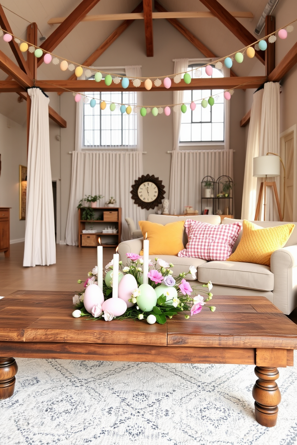 An inviting loft space adorned with Easter-themed decorations. On the rustic wooden coffee table, there are pastel-colored candles shaped like Easter eggs, surrounded by a delicate arrangement of fresh spring flowers in soft hues. The loft's open layout is complemented by light, airy curtains and a cozy seating area with plush cushions in vibrant Easter colors. Above the coffee table, a whimsical Easter garland hangs, adding a festive touch to the room.