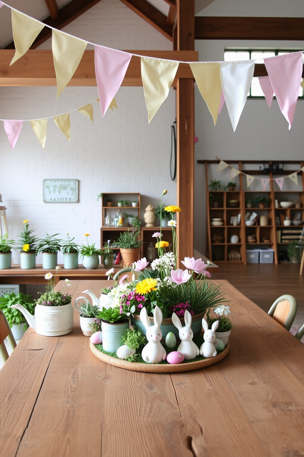 Miniature gardens in repurposed containers. Imagine a collection of tiny gardens thriving in repurposed teapots, mason jars, and vintage tins, each filled with lush greenery and delicate flowers. The containers are artfully arranged on a rustic wooden shelf, creating a whimsical and charming display that brings a touch of nature indoors. Loft Easter Decorating Ideas. Envision a spacious loft adorned with pastel-colored decorations, including soft pink and yellow bunting hanging from the exposed beams. In the center of the room, a large wooden table is set with a vibrant Easter-themed centerpiece featuring fresh flowers, painted eggs, and charming bunny figurines, creating a festive and inviting atmosphere.