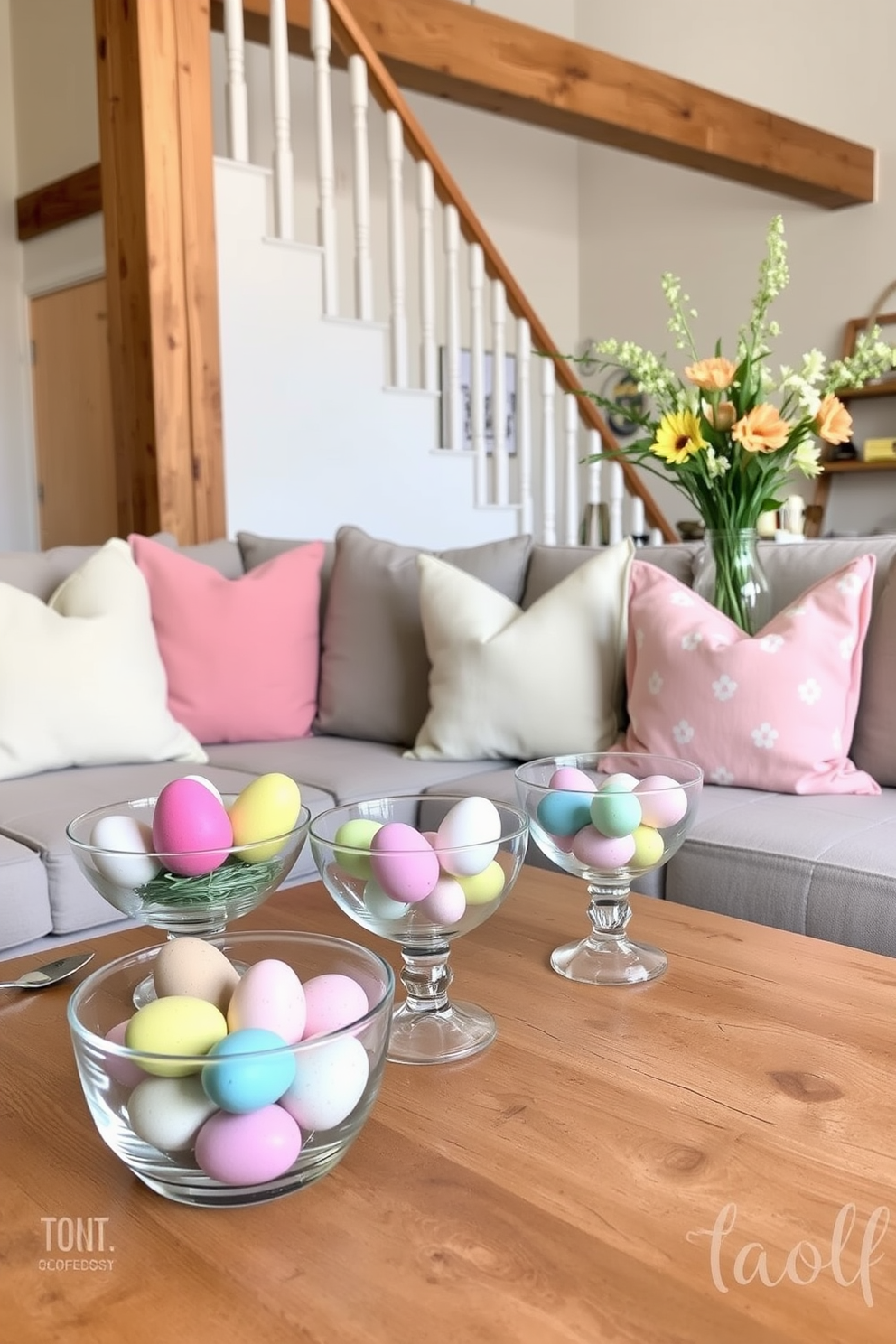 A cozy loft decorated for Easter. Clear glass bowls filled with colorful decorative eggs are placed on a wooden coffee table, adding a festive touch to the space. Soft pastel throw pillows adorn the couch, complementing the Easter theme. A vase with fresh spring flowers sits on a nearby shelf, enhancing the cheerful atmosphere.