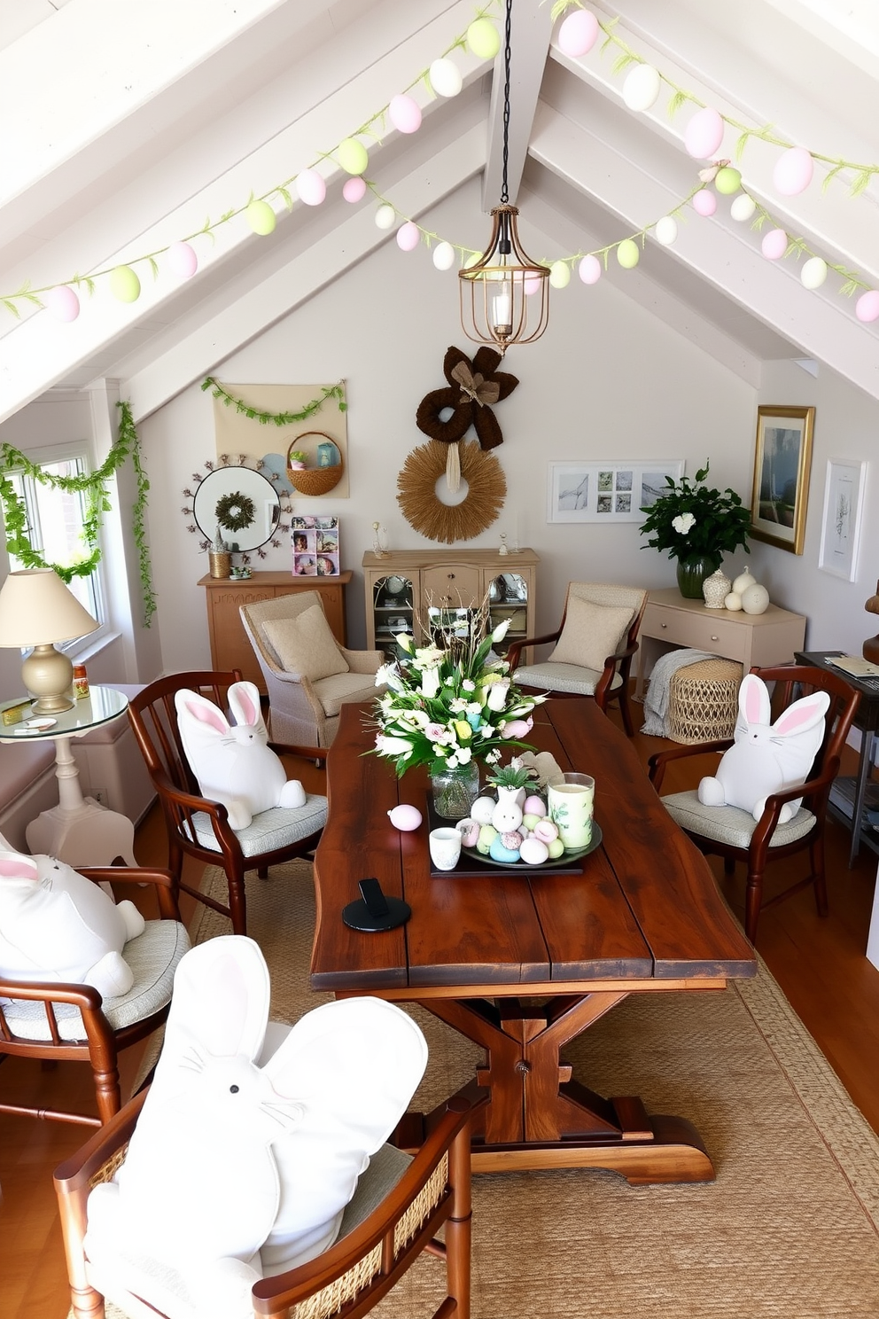 A cozy loft space decorated for Easter. The room features whimsical bunny pillows on each chair, adding a playful touch to the seating area. The loft is adorned with pastel-colored decorations, including Easter egg garlands hanging from the ceiling beams. A large, rustic wooden table in the center is set with a floral tablecloth and a variety of Easter-themed centerpieces.