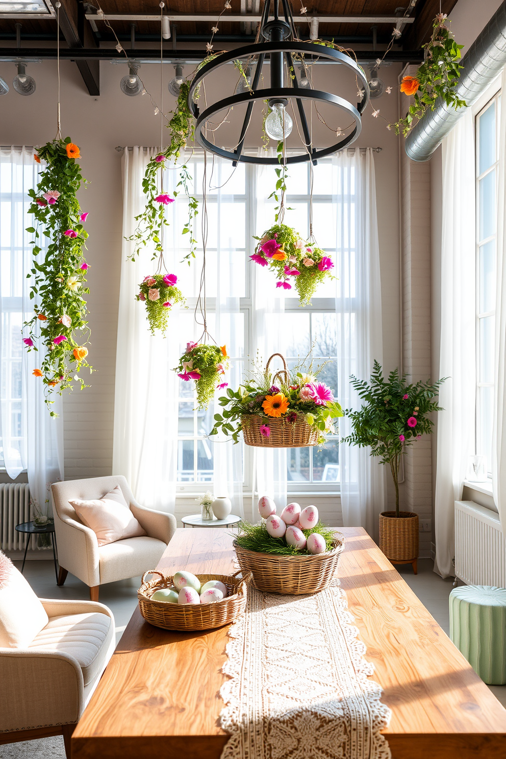 Hanging floral arrangements in windows, featuring cascading greenery and vibrant blooms. The arrangements are suspended by delicate, transparent threads, creating an illusion of floating flowers against the backdrop of large, sunlit windows. The windows are framed with light, airy curtains that gently sway with the breeze, enhancing the ethereal feel of the space. Below the arrangements, a cozy reading nook with a plush armchair and a small side table invites relaxation amidst the floral beauty. Loft Easter decorating ideas with a modern, rustic charm. The open space is adorned with pastel-colored decorations, including soft pink and mint green cushions on the minimalist furniture. A large, reclaimed wood dining table serves as the centerpiece, decorated with a delicate lace table runner and an assortment of hand-painted Easter eggs in a woven basket. Above the table, an oversized, industrial-style chandelier is wrapped in fairy lights and seasonal garlands, adding a festive touch to the loft's high ceilings.