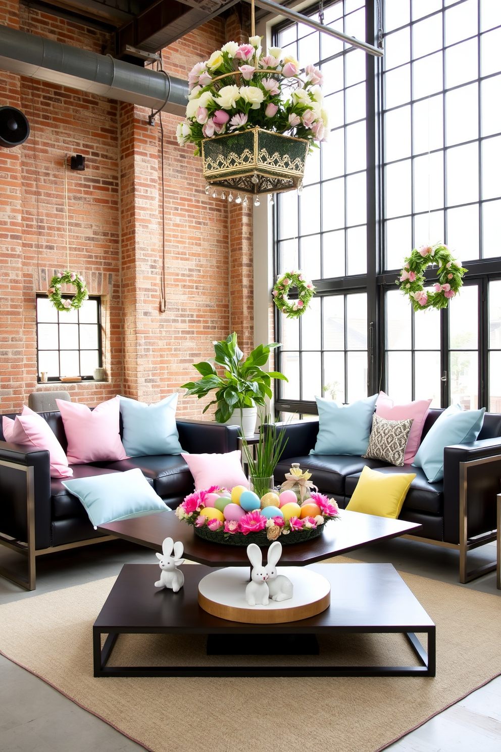 Pastel throw pillows in various shades of pink, blue, and yellow are neatly arranged on sleek industrial-style sofas with metal frames and dark leather upholstery. The room features exposed brick walls and large factory windows, softening the urban vibe with a touch of delicate color. For a loft Easter decorating theme, vibrant pastel decorations adorn the open space, including a large central table set with colorful eggs and spring flowers. High ceilings and exposed beams are complemented by hanging floral wreaths and subtle bunny figurines, creating a festive yet airy atmosphere.