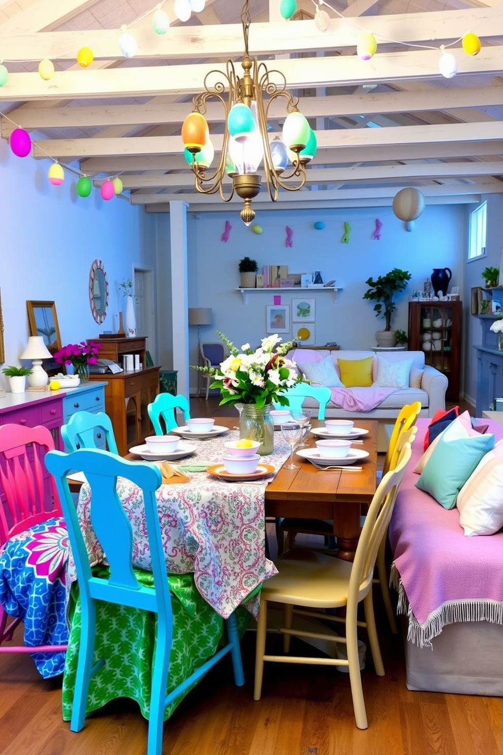 A vibrant dining room setup. The table is adorned with a variety of colorful tablecloths featuring intricate patterns and bold hues, perfectly complementing the festive atmosphere. Surrounding the table are mismatched chairs painted in bright, cheerful colors. Above the table, a chandelier with multicolored glass accents hangs, casting a warm and inviting glow. A charming loft decorated for Easter. The open space features pastel-colored decorations, including garlands of paper eggs and bunnies hanging from the ceiling beams. The dining area showcases a rustic wooden table set with delicate, spring-themed tableware and a centerpiece of fresh flowers in a vintage vase. Cozy seating areas are adorned with soft, pastel cushions and throws, creating a welcoming and festive ambiance.