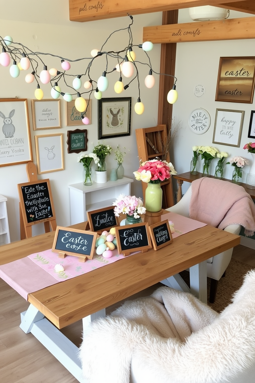 A cozy loft decorated for Easter. The space features a large, rustic wooden table adorned with a pastel-colored table runner, upon which a variety of chalkboard signs with Easter greetings are placed. Above the table, a string of fairy lights intertwined with pastel-colored paper eggs hangs, creating a warm and festive atmosphere. The walls are decorated with a mix of framed Easter-themed prints and fresh spring flowers in mason jars, adding a touch of nature and color to the loft. A plush, oversized chair in the corner is draped with a soft, pastel throw blanket, perfect for relaxing and enjoying the Easter ambiance.