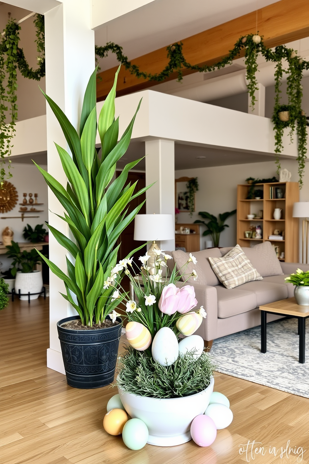 A spacious loft adorned with Easter decorations. In the corner, a large potted plant stands tall, its base surrounded by decorative egg accents in pastel colors. The open floor plan features a cozy seating area with a plush sofa and a coffee table. On the table, a centerpiece of potted spring flowers and intricately painted Easter eggs adds a festive touch.