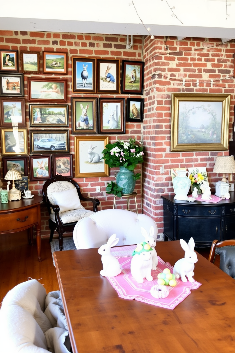 A cozy loft space adorned with vintage Easter postcards. The postcards, framed in rustic wooden frames, are arranged in a gallery style on a brick accent wall, creating a nostalgic and charming focal point. In the loft, pastel-colored decorations complement the vintage theme. A wooden dining table is set with Easter-themed linens and ceramic bunny figurines, while a mix of antique and contemporary furniture pieces enhance the eclectic and inviting atmosphere.