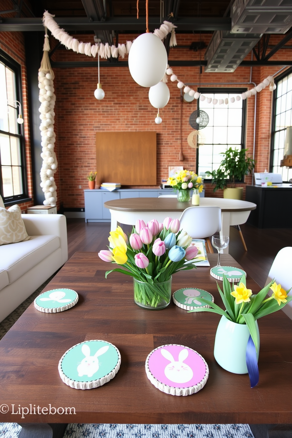 Easter-themed coasters are neatly arranged on a rustic wooden coffee table in the center of a cozy living room. Each coaster features vibrant pastel colors and playful Easter motifs, such as bunnies, eggs, and spring flowers, adding a festive touch to the space. In a modern loft, the Easter decorations blend seamlessly with the industrial aesthetic. Soft pastel garlands and egg-shaped ornaments hang from exposed brick walls and metal beams, while a large centerpiece of fresh tulips and daffodils adorns the dining table, creating a cheerful and inviting atmosphere.