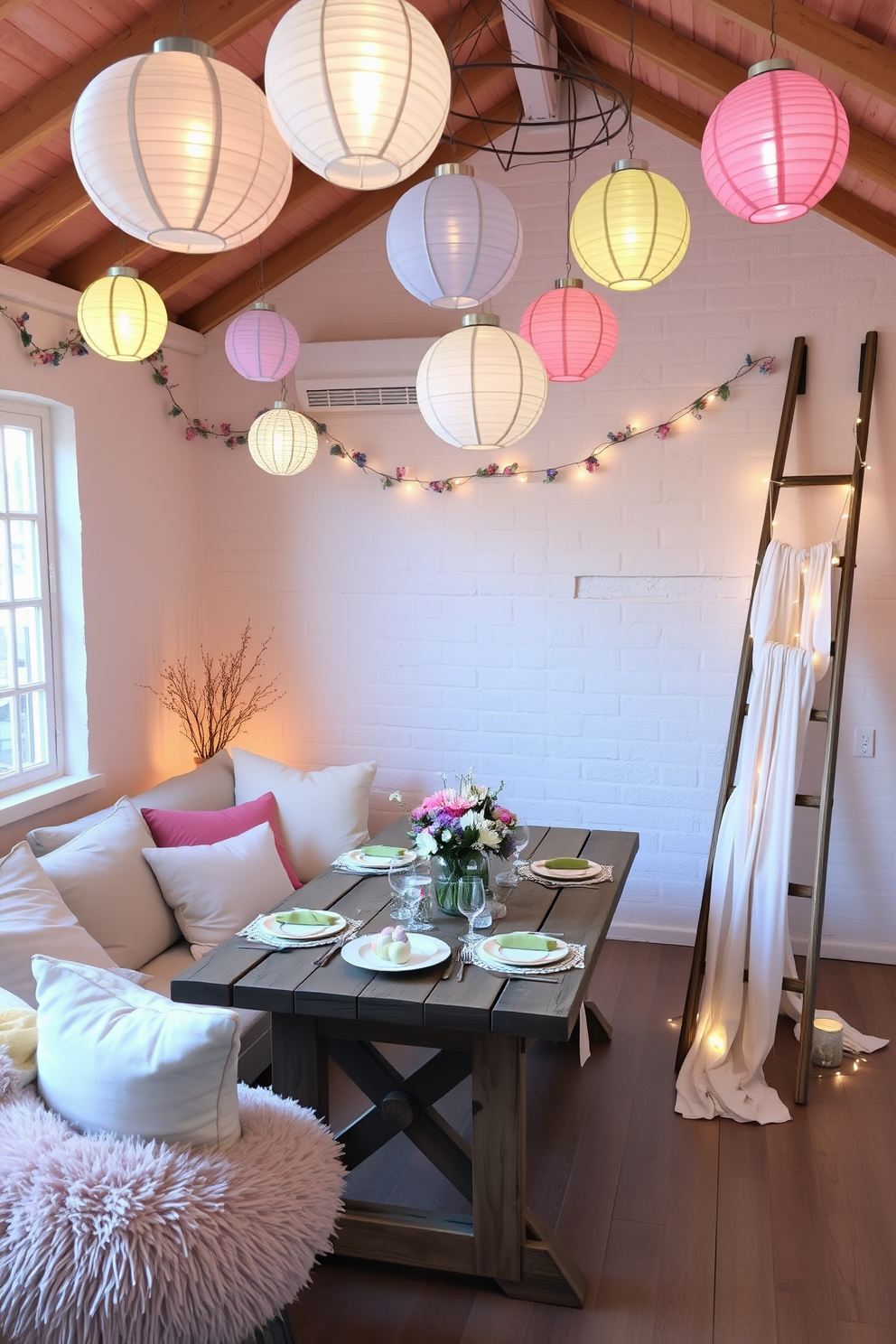 A cozy loft decorated for Easter with pastel-colored lanterns hanging from the ceiling, casting a soft, warm light over the space. The walls are adorned with delicate floral garlands, and a large, rustic wooden table is set with pastel-hued tableware and charming Easter-themed centerpieces. In one corner, a plush seating area features cushions and throws in soft pastel shades, creating a comfortable and inviting atmosphere. A decorative ladder leans against the wall, draped with pastel-colored fabric and fairy lights, adding a whimsical touch to the Easter celebration.