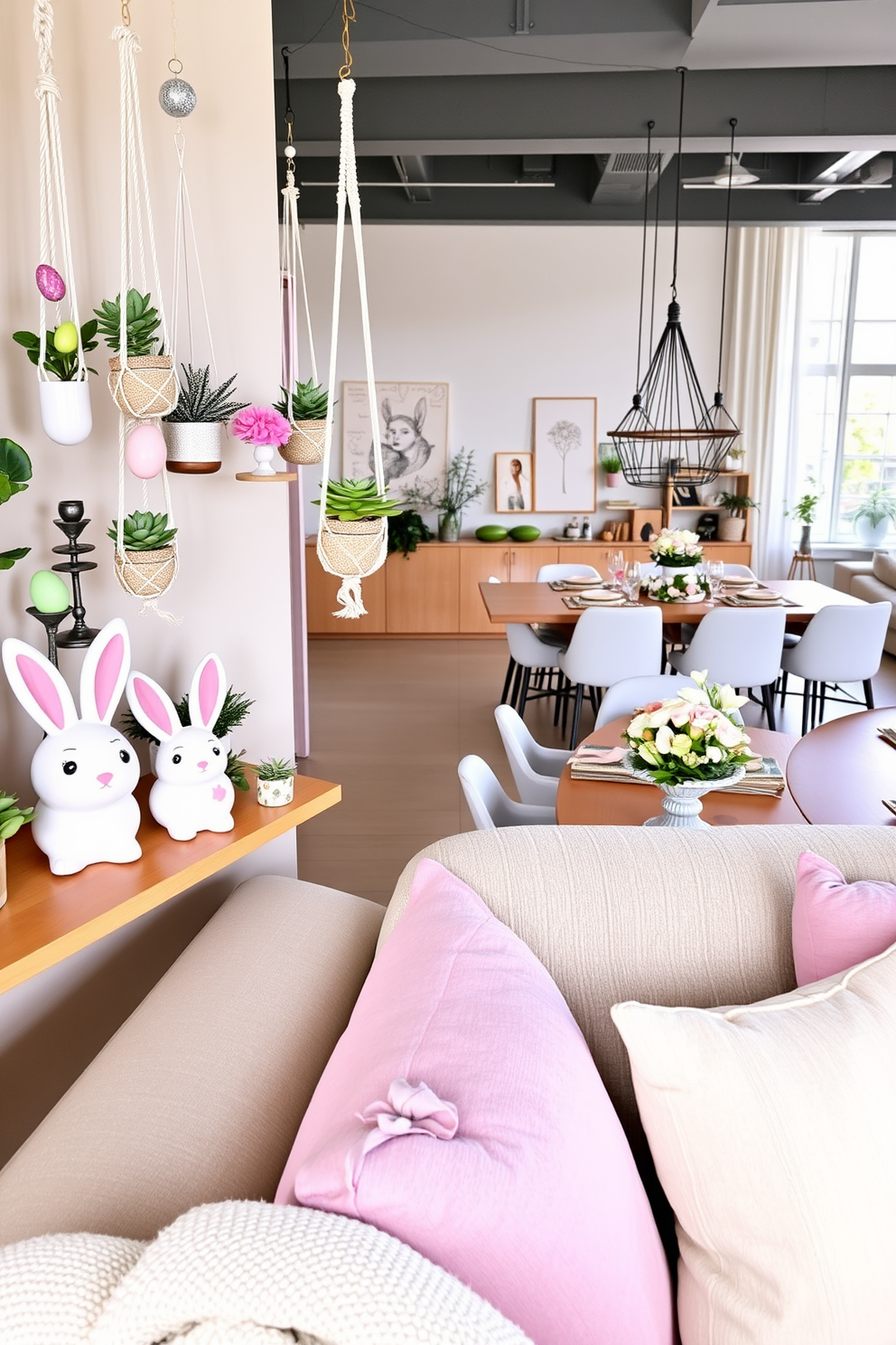 A cozy living room corner decorated with bunny-shaped planters filled with various succulents. The planters are arranged on a wooden shelf, with some hanging from macrame plant hangers, adding a touch of whimsy and greenery to the space. A modern loft adorned with elegant Easter decorations, featuring pastel-colored eggs and floral arrangements. The open-plan living area includes a large dining table set with a delicate Easter-themed centerpiece, while soft, colorful throw pillows and blankets add a festive touch to the seating area.