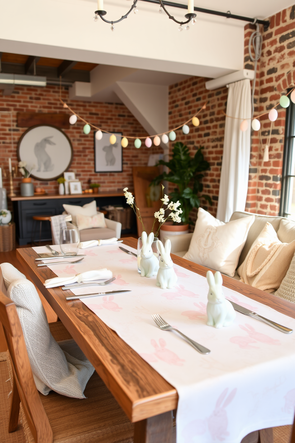 A charming dining table setting with a bunny-themed table runner. The runner features whimsical bunny prints in pastel colors, complemented by matching napkins and delicate porcelain bunny figurines placed along the center of the table. A cozy loft decorated for Easter with a blend of rustic and modern elements. Soft pastel-colored throw pillows and blankets adorn a comfortable sofa, while an Easter egg garland hangs from the exposed brick wall, creating a festive and inviting atmosphere.