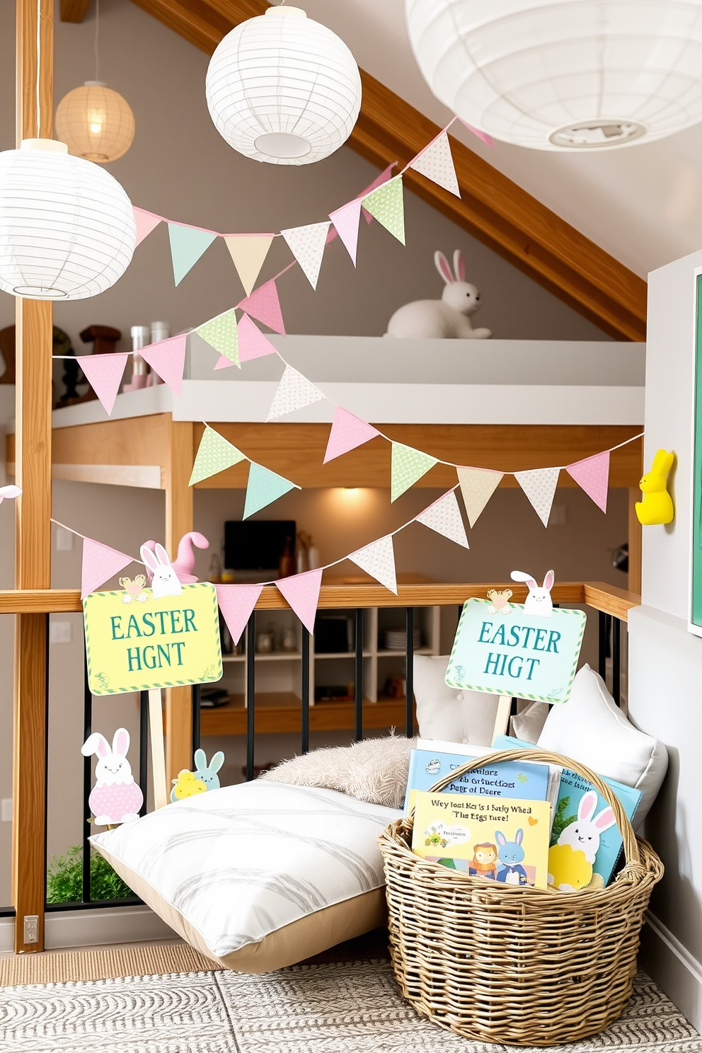 Colorful Easter egg hunt signs are creatively placed around the loft, each guiding little ones to hidden treasures. The loft is adorned with pastel-colored banners and whimsical bunny decorations, adding a festive touch to the modern space. Delicate paper lanterns hang from the ceiling, casting a soft glow over the Easter-themed setup. A cozy reading nook is transformed with plush cushions and a basket of storybooks about springtime adventures, inviting families to gather and enjoy the seasonal charm.