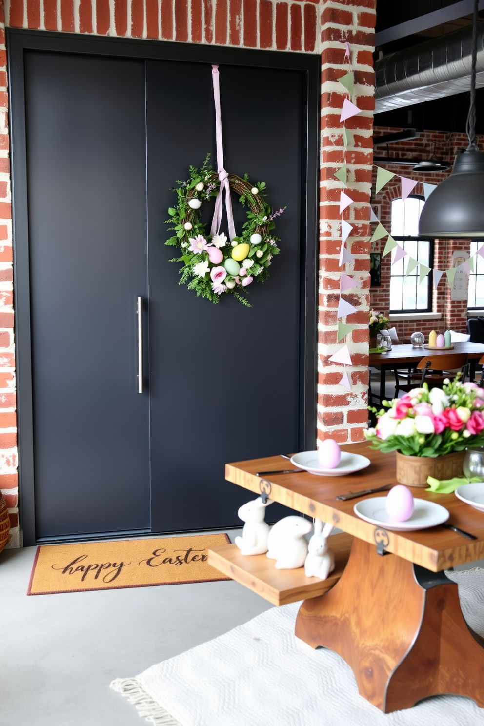 A charming Easter wreath adorns a sleek metal front door, featuring pastel-colored eggs, delicate flowers, and lush greenery. The door itself is a deep charcoal grey, providing a striking contrast to the vibrant wreath, and a welcome mat with a cheerful Easter greeting completes the inviting entryway. A cozy loft space is transformed for Easter with whimsical decorations, including soft pastel bunting draped along the exposed brick walls and a collection of ceramic bunnies arranged on the industrial-style coffee table. The open-plan living area features a mix of modern and rustic elements, with a large, reclaimed wood dining table set for an Easter feast, complete with floral centerpieces and colorful egg-themed place settings.