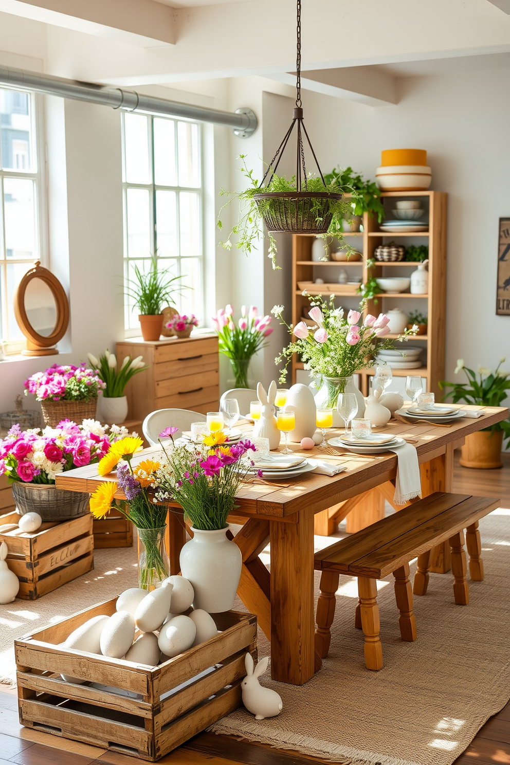 A bright and airy loft space decorated for Easter. Vintage wooden crates filled with an array of vibrant spring flowers are scattered around the room, adding a touch of rustic charm. A large wooden dining table is adorned with pastel-colored tableware and decorated with delicate Easter-themed ornaments. Soft, natural light streams in through large windows, highlighting the fresh, seasonal decor.