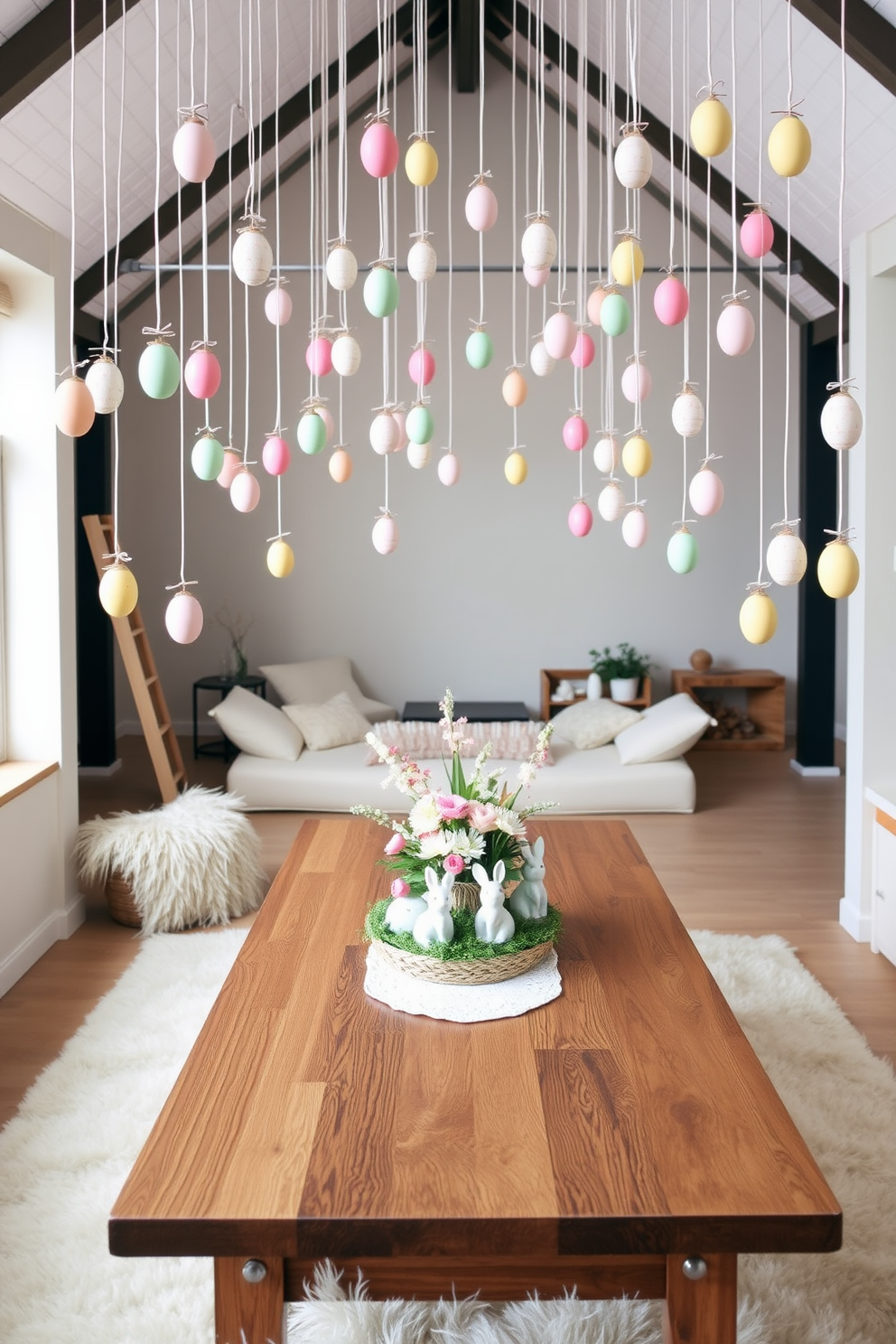 A cozy loft space adorned with hanging egg ornaments. The eggs, delicately painted in pastel colors, are suspended from ceiling hooks, creating a whimsical and festive atmosphere. In the center of the loft, a large wooden table is set with an Easter-themed centerpiece featuring fresh flowers and decorative bunnies. The walls are decorated with soft, neutral tones, while the floor is covered with a plush, light-colored rug to enhance the inviting feel of the space.