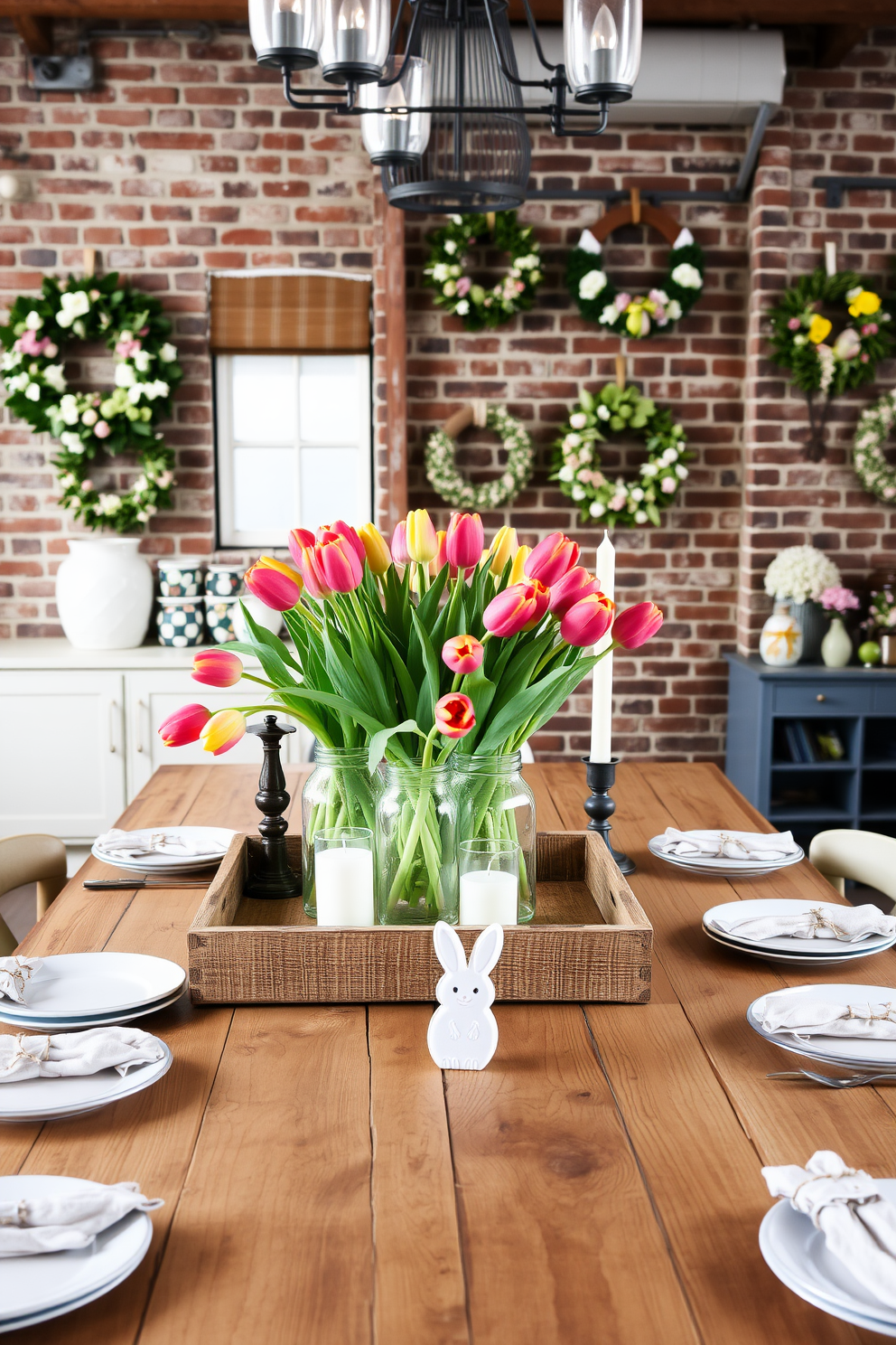 A rustic dining table setting. The centerpiece features a weathered wooden tray filled with vibrant tulips in mason jars, surrounded by candles in antique holders. Loft-style Easter decorations. Exposed brick walls adorned with pastel-colored Easter wreaths, a large wooden table set with vintage plates, and bunny-shaped napkin holders.