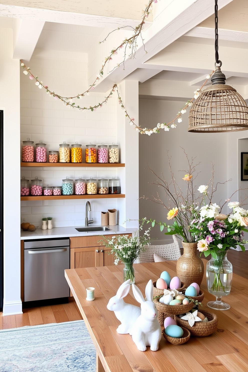 A cozy kitchen corner with open shelves lined with glass jars filled with colorful candies. The jars, in varying sizes, create a vibrant display against a backdrop of white subway tiles, adding a playful touch to the sleek, modern space. A spacious loft adorned with Easter decorations featuring pastel hues and natural elements. Delicate garlands of flowers and eggs hang from the exposed beams, while a large wooden table is set with a charming assortment of bunny figurines, painted eggs, and fresh spring flowers in rustic vases.