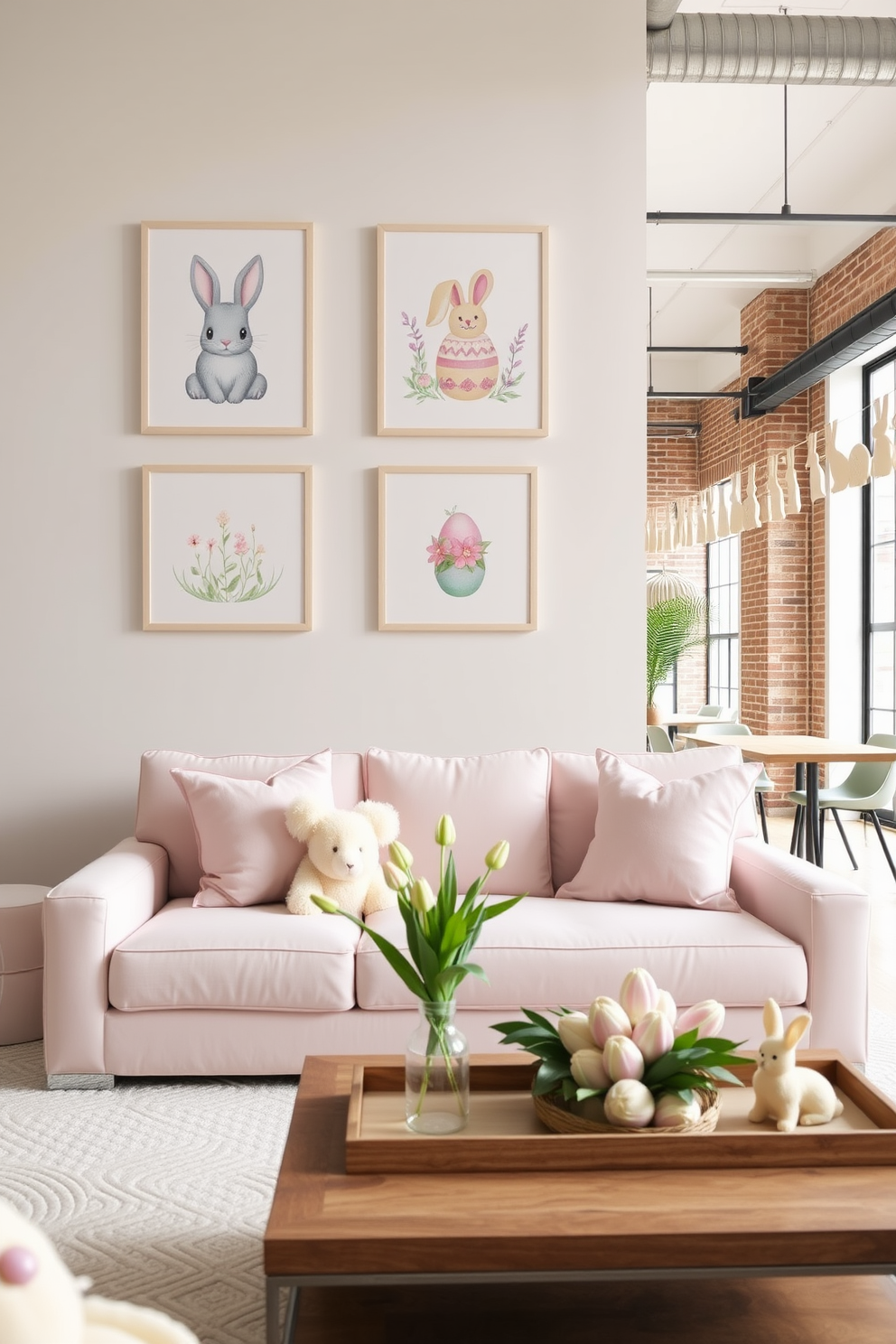 A cozy living room with a pastel-colored couch adorned with soft, fluffy cushions. Above the couch hangs a series of three framed Easter-themed wall art pieces, featuring delicate illustrations of bunnies, eggs, and spring flowers in watercolor style. A modern loft space decorated for Easter, featuring a spacious open-plan living area with high ceilings and exposed brick walls. The room is adorned with subtle Easter decorations, including a centerpiece on the coffee table with pastel-colored eggs, fresh tulips in a vase, and a garland of paper bunnies draped across the large windows.