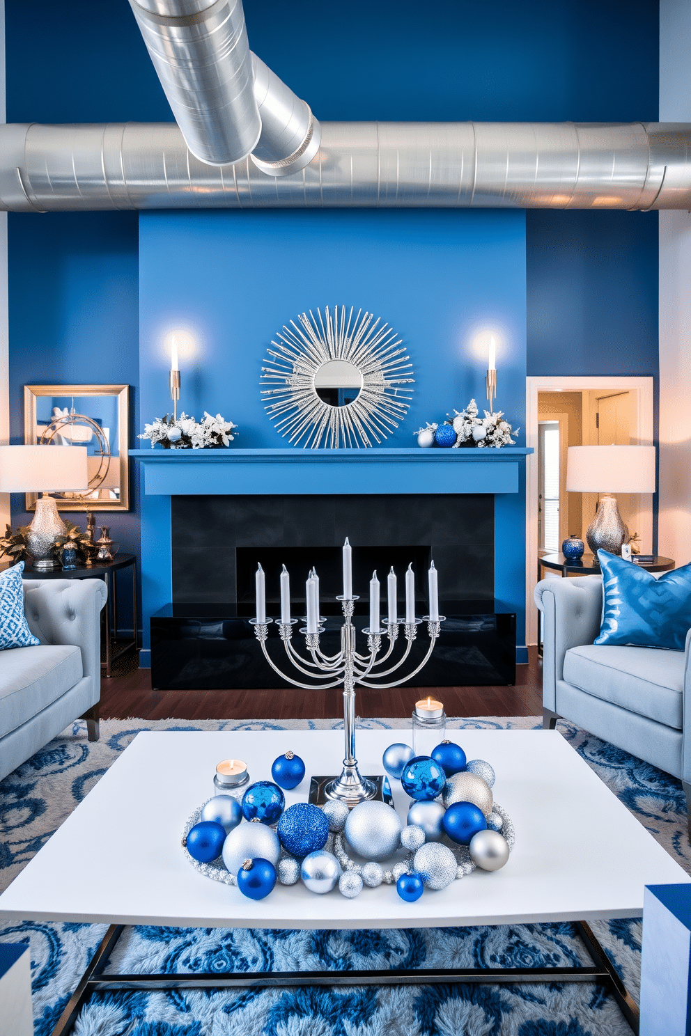 A modern loft space adorned with a blue and silver color scheme. The walls are painted a soft blue, complemented by silver accents in the furniture and decor. Festive Hanukkah decorations are elegantly displayed throughout the room. A beautifully arranged menorah sits on a sleek coffee table, surrounded by blue and silver ornaments and candles.