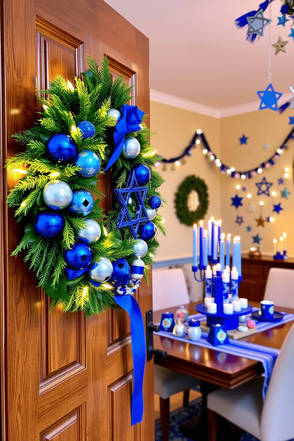 A beautiful Hanukkah wreath adorns the front door, crafted from fresh greens and accented with blue and silver ornaments symbolizing the festival. Soft white lights twinkle around the wreath, creating a warm and inviting glow that welcomes guests into the home. Inside the loft, Hanukkah decorations bring a festive spirit to the space, with a vibrant blue and white color palette. A large menorah sits elegantly on the dining table, surrounded by handmade dreidels and colorful candles, while garlands of stars and menorahs drape across the walls.