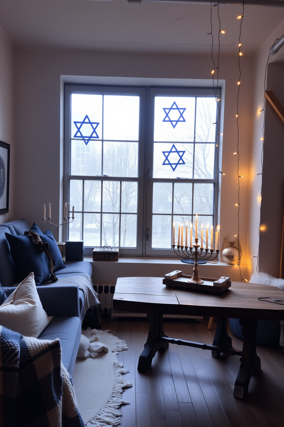 A cozy loft space adorned for Hanukkah, featuring a large window with Star of David window decals that beautifully catch the light. The room is decorated with soft blue and silver accents, including a festive menorah on a rustic wooden table and draped string lights that create a warm ambiance.