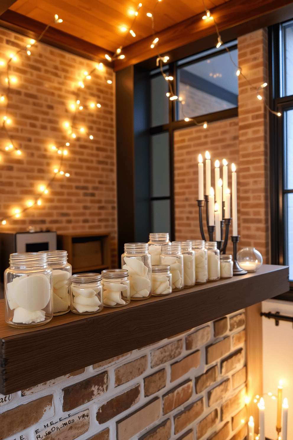 A cozy loft space decorated for Hanukkah features a collection of gelt-filled glass jars artfully arranged on a rustic wooden shelf. The warm glow of string lights drapes across the walls, enhancing the festive atmosphere with a touch of elegance.