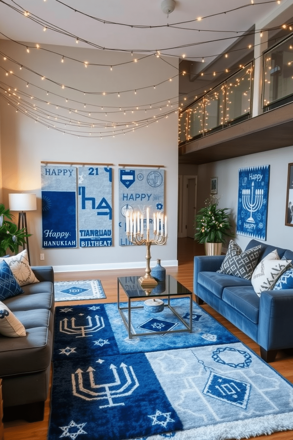 A cozy living room featuring a collection of Hanukkah-themed area rugs in various shades of blue and silver. The rugs are adorned with traditional symbols such as menorahs and dreidels, adding a festive touch to the space. In the loft, the decor embraces a modern aesthetic with string lights draped across the ceiling and a large menorah as a centerpiece on the coffee table. Plush cushions in rich fabrics complement the area rugs, creating an inviting atmosphere for holiday gatherings.