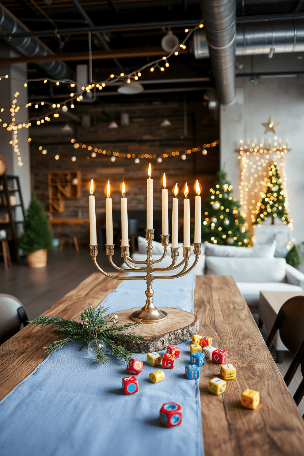 A stunning menorah centerpiece is elegantly positioned on a rustic wooden dining table, surrounded by a soft blue table runner that adds a touch of warmth. Flickering candles of varied heights illuminate the space, while delicate glass ornaments and sprigs of evergreen create a festive atmosphere. In a spacious loft, Hanukkah decorations transform the industrial space into a cozy celebration of light and joy. Twinkling string lights drape across exposed beams, and vibrant dreidels are artfully scattered across the coffee table, inviting guests to gather and celebrate together.