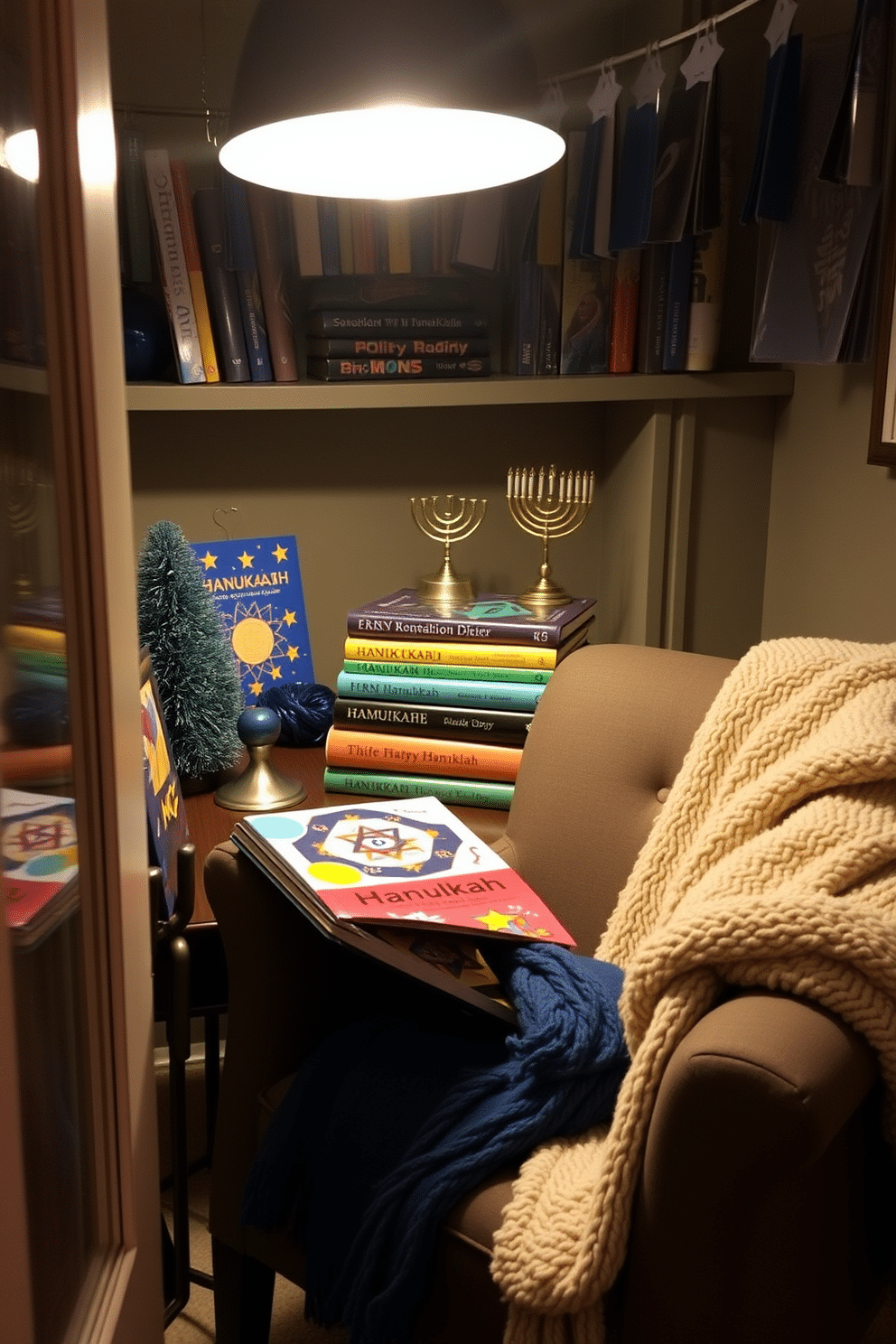 A cozy reading nook adorned with a stack of Hanukkah-themed books, featuring vibrant covers showcasing traditional symbols and festive colors. The nook is illuminated by a warm, soft light, creating an inviting atmosphere perfect for holiday reading. The space is decorated with whimsical Hanukkah elements, such as a small menorah on a side table and blue and silver accents throughout. A plush throw blanket drapes over the armchair, adding a touch of warmth and comfort to the festive setting.