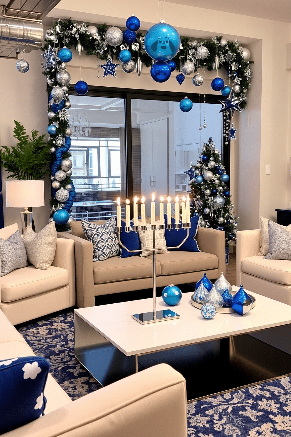 A stylish loft decorated for Hanukkah, featuring a cozy seating area adorned with blue and silver ornaments. The space includes a modern menorah on a sleek coffee table, surrounded by shimmering decorations that reflect the festive spirit.