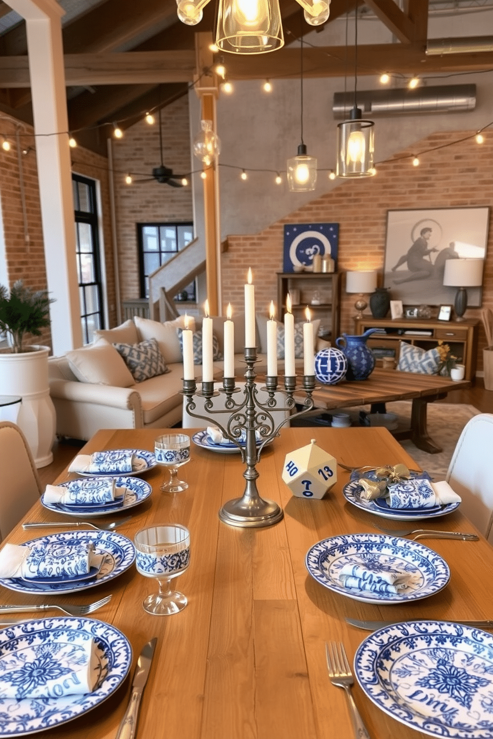 A festive dining table set for Hanukkah, featuring beautifully designed dishware with blue and white patterns, including a menorah centerpiece and matching plates. The table is adorned with silver accents, such as napkin rings and candle holders, creating a warm and inviting atmosphere for family gatherings. A stylish loft decorated for Hanukkah, showcasing a blend of modern and traditional elements. String lights hang from exposed beams, illuminating a cozy seating area with plush cushions, while a large dreidel and decorative gelt are artfully displayed on a rustic coffee table.