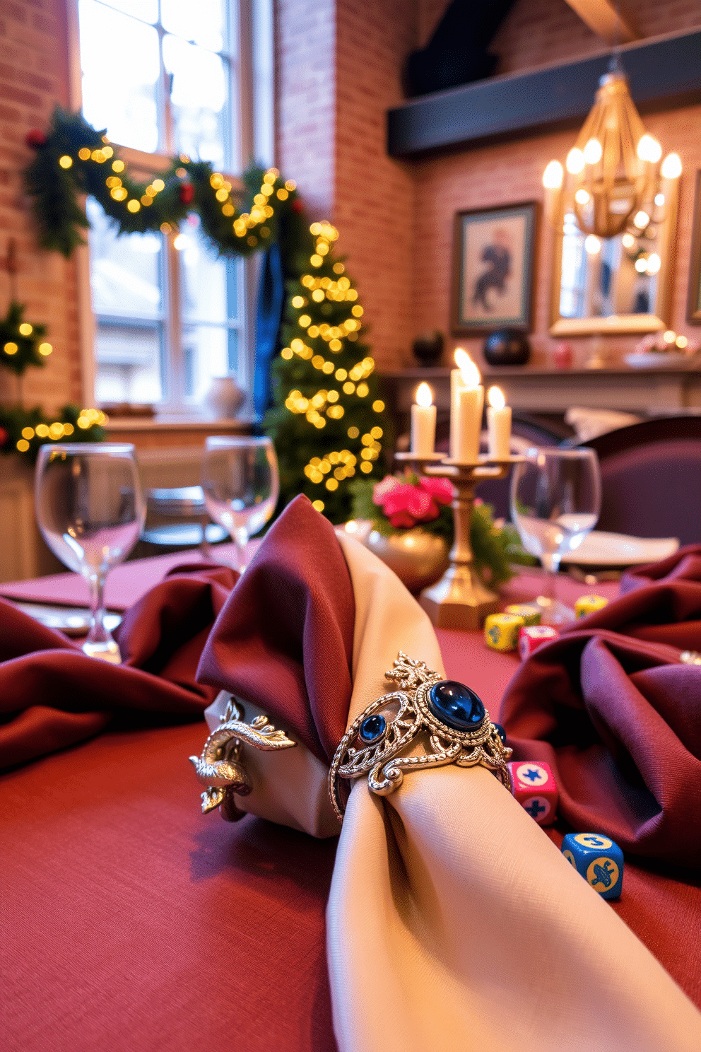 A festive dining table setting adorned with elegant napkin rings. The napkin rings, crafted from silver and embellished with blue and white accents, complement the rich textures of the table linens. In the background, a cozy loft space is decorated for Hanukkah with soft, warm lighting. Menorahs are placed on the windowsill, and colorful dreidels are scattered across the table, adding a playful touch to the festive atmosphere.