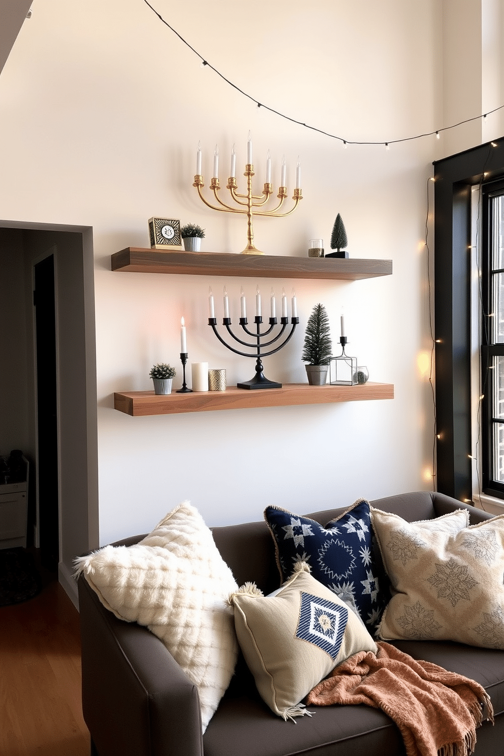 A beautifully arranged menorah display on floating shelves, featuring a mix of traditional and modern designs. The shelves are crafted from reclaimed wood, adding warmth, while the menorah is surrounded by decorative candles and small potted plants for a touch of greenery. In a loft setting, the Hanukkah decorations are minimal yet striking, with string lights draping elegantly across the walls. A cozy seating area is enhanced by festive pillows and a soft throw, creating an inviting atmosphere for gatherings and celebrations.