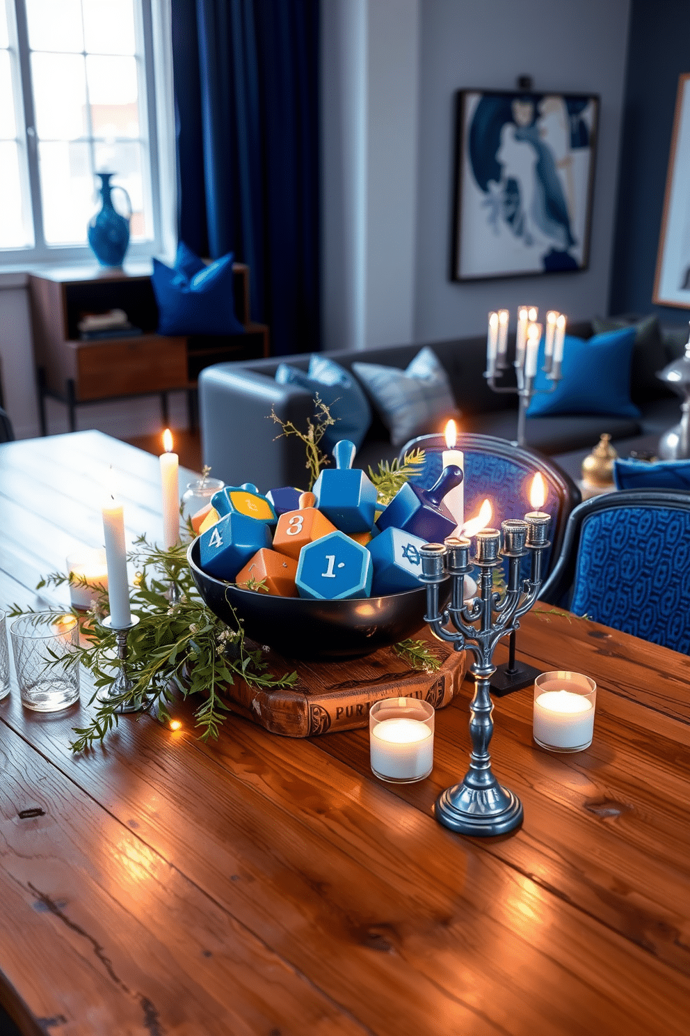 A beautifully arranged dreidel bowl centerpiece sits on a rustic wooden dining table, surrounded by soft, glowing candles that cast a warm light. The bowl is filled with colorful dreidels, each one unique, and is accented by delicate greenery and twinkling fairy lights for a festive touch. In a stylish loft, Hanukkah decorations embrace a modern aesthetic with a blend of traditional and contemporary elements. Striking blue and silver accents adorn the space, featuring a minimalist menorah on the coffee table and elegant wall art that celebrates the holiday spirit.