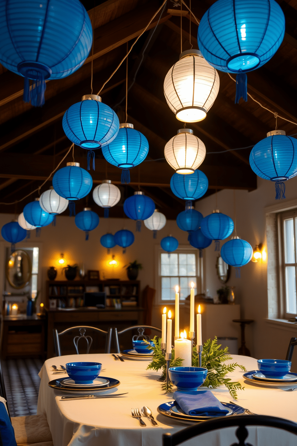 A cozy loft space adorned with blue and white lanterns, casting a warm glow throughout the room. The lanterns are hung from the ceiling at varying heights, creating an inviting atmosphere for Hanukkah celebrations. A beautifully set dining table features a crisp white tablecloth, with blue and white dishes arranged elegantly. Soft, ambient lighting enhances the festive decor, while a centerpiece of fresh greenery and candles adds a touch of warmth.