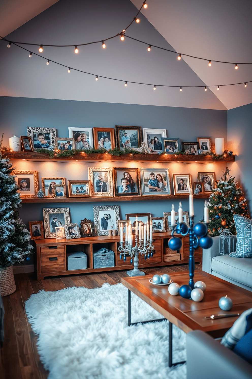 A cozy loft space adorned with Hanukkah-themed photo frames, showcasing family memories and festive moments. The frames are artfully arranged on a rustic wooden shelf, complemented by soft, warm lighting that enhances the holiday spirit. The walls are painted in a soft blue hue, reminiscent of the night sky, while a plush white rug adds comfort underfoot. String lights twinkle above, and a beautifully decorated menorah sits on a coffee table, surrounded by blue and silver ornaments.