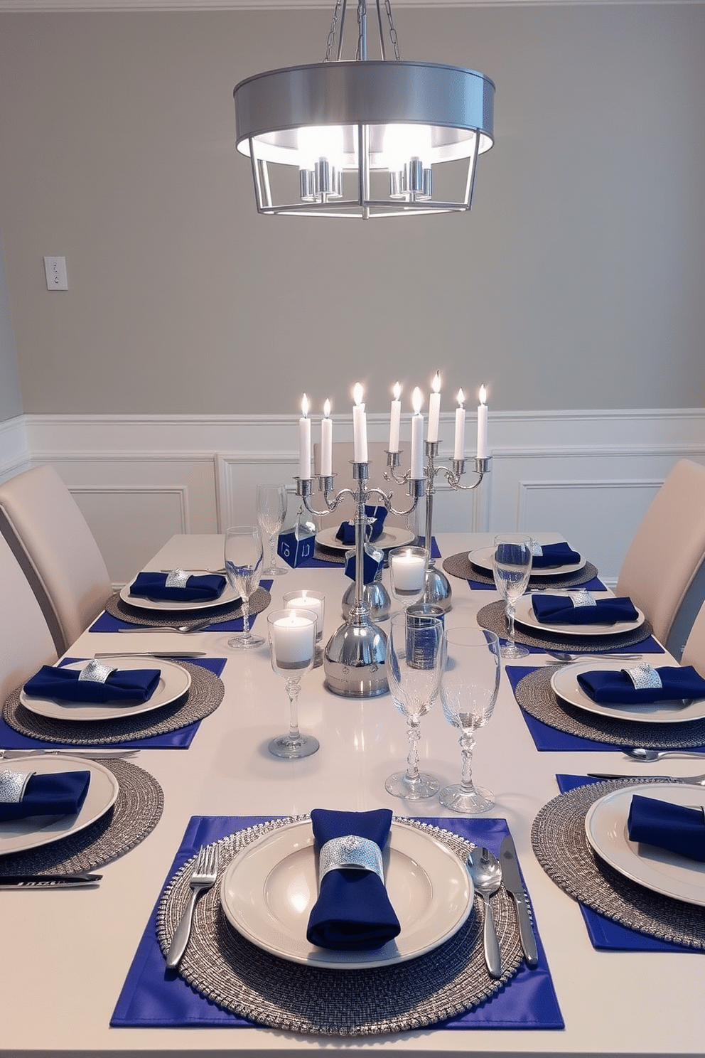 A stylish dining table set for a festive Hanukkah celebration. The table is adorned with elegant silver and blue placemats, complementing fine china and sparkling glassware. Above the table, a modern chandelier casts a warm glow, enhancing the festive atmosphere. Decorative dreidels and menorahs are artfully arranged as centerpieces, adding a touch of tradition to the contemporary setting.