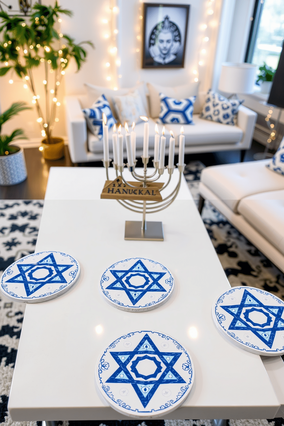 A set of beautifully designed Hanukkah-themed coasters, featuring intricate blue and silver patterns inspired by traditional Jewish symbols. Each coaster showcases a unique design, incorporating elements like the Star of David and menorah, all set against a soft white background. A stylish loft decorated for Hanukkah, with a modern twist on traditional elements. The space features a contemporary menorah as a centerpiece on a sleek coffee table, surrounded by cozy seating and twinkling string lights that enhance the festive atmosphere.