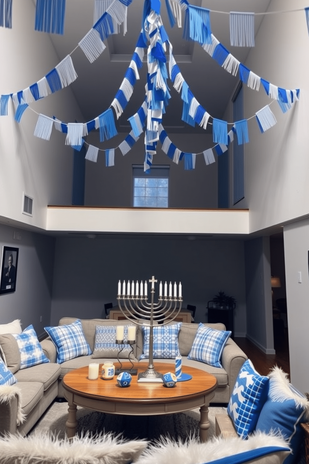 A festive loft space adorned with blue and white bunting strung across the ceiling, creating a cheerful atmosphere. The walls are decorated with subtle Hanukkah motifs, and a cozy seating area features plush cushions in coordinating colors. A large menorah stands proudly on a wooden coffee table, surrounded by decorative dreidels and candles. Soft, ambient lighting enhances the warm feel of the room, inviting guests to gather and celebrate the holiday spirit.